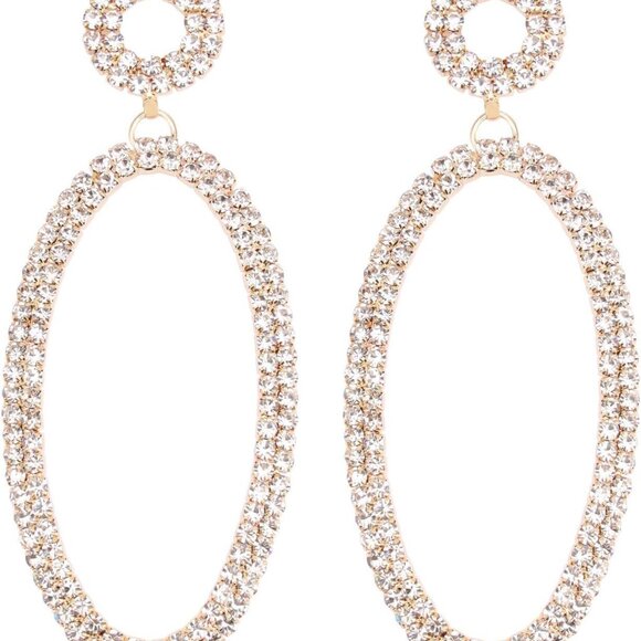 Rhinestone Oval Dangle Earrings Sparkly Wedding Bridal Jewelry - Picture 1 of 5